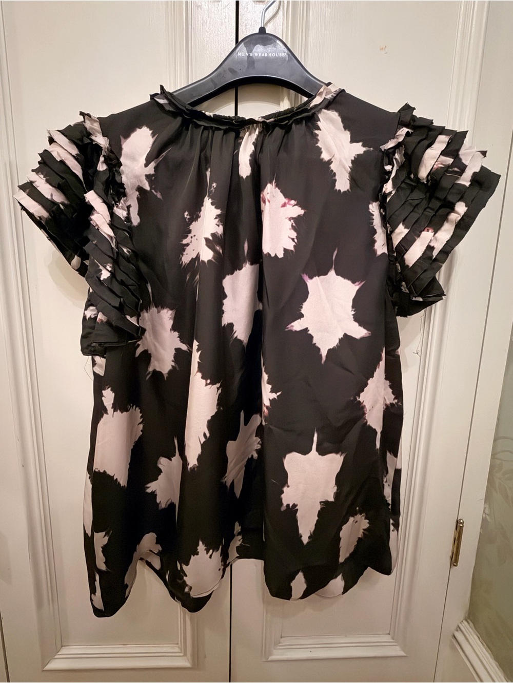 Ulla Johnson Black Blouse with Pale Pink Starburst Print and Ruffle Sleeves